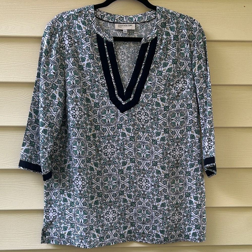 Jones New York Boho Geo Print Teal Yellow White & Navy Tunic 100% Linen Top Sz S